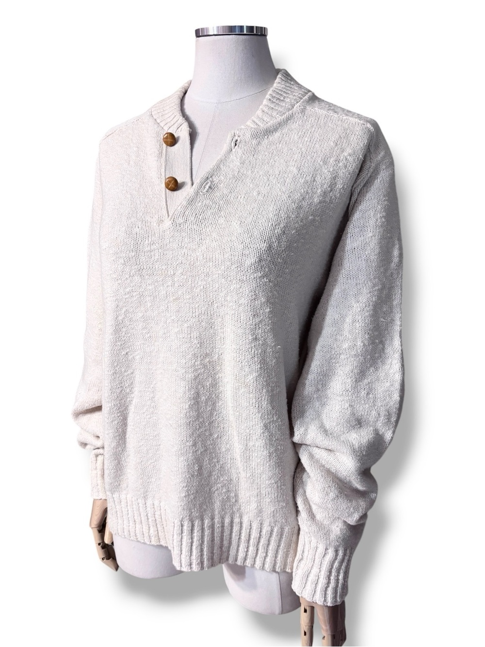 LONDON FOG OUTDOORS UNLIMITED Ivory Slub Cotton Mock Henley Sweater VINTAGE 80s